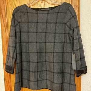 Tahari Charcoal Windowpane Check Women's extra fine merino wool sweater boatneck